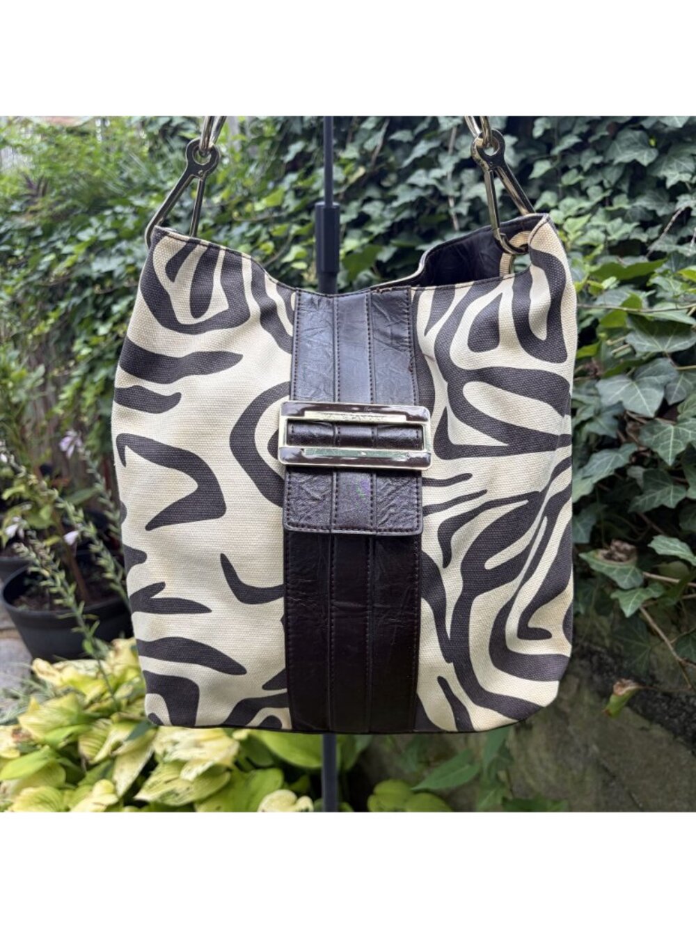 Nine West Zebra Print Hobo Shoulder Bag Faux Leather Brown Cream Y2K Pink Lining - Picture 15 of 16